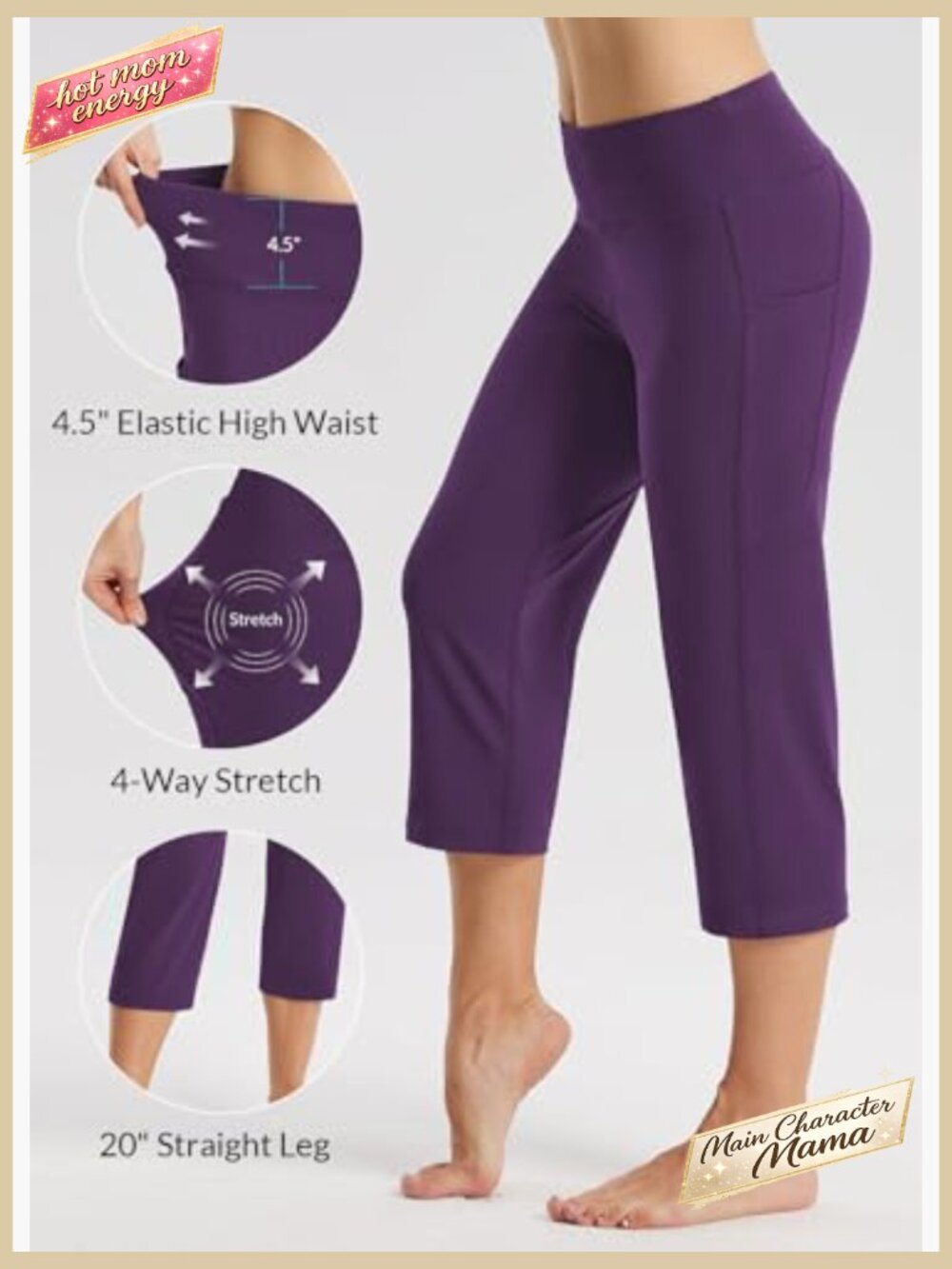 High Rise Wide Leg Yoga Capri Pants with Pockets Straight Loose Fit Tummy - Picture 4 of 7